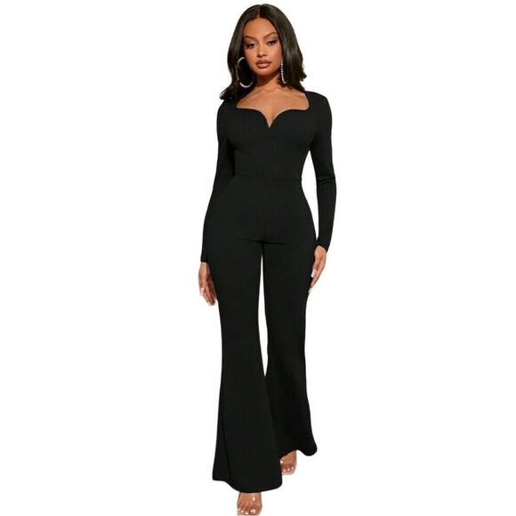SHEIN Women's Black Sweetheart Neck Flare Leg Jumpsuit Size L - Picture 2 of 3
